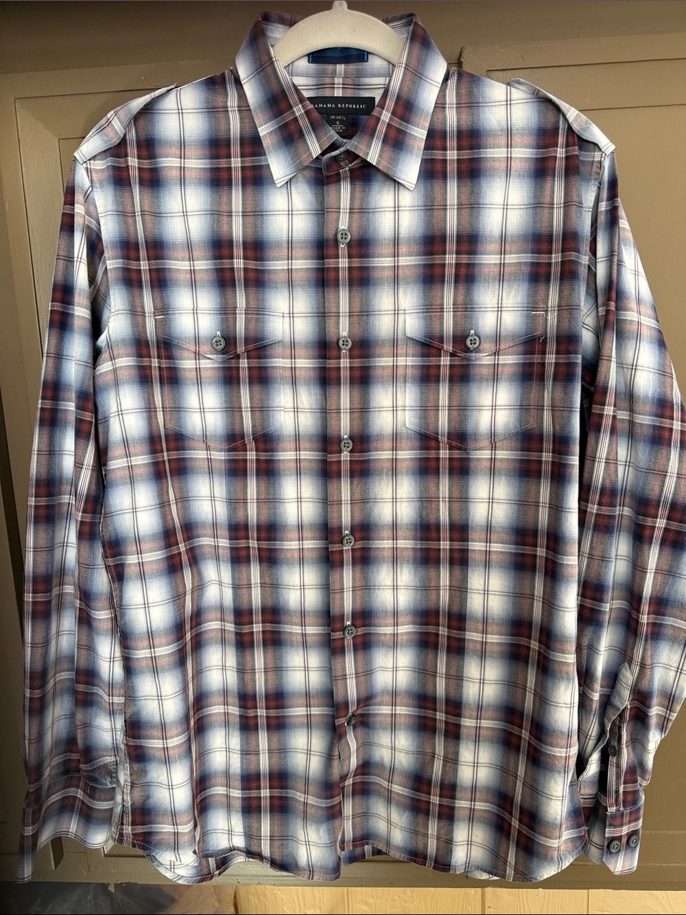 Banana Republic Men's Plaid Button-Down Shirt in Burgundy and Blue